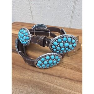 Western Concho Belt Faux Turquoise Clusters Brown Leather S-M Cowgirl Rodeo 42"